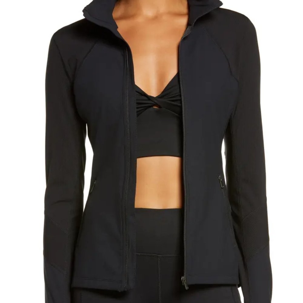 NEW ZELLA Studio Lite Ribbed Detail Track Jacket in Black Size XL#3096